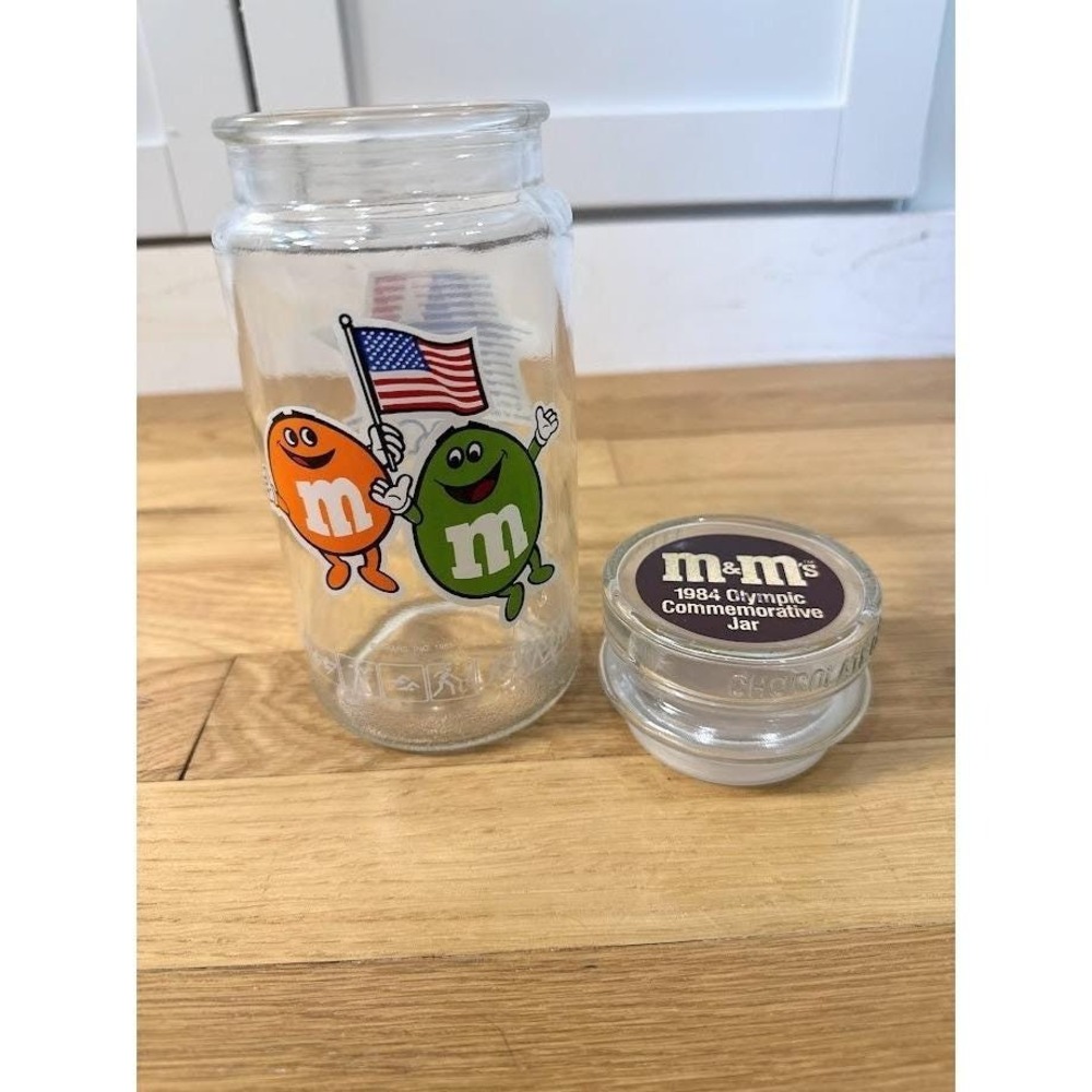 Vintage M & M 1984 Olympic Games Glass Jar Canister Container with Lid USA Flags